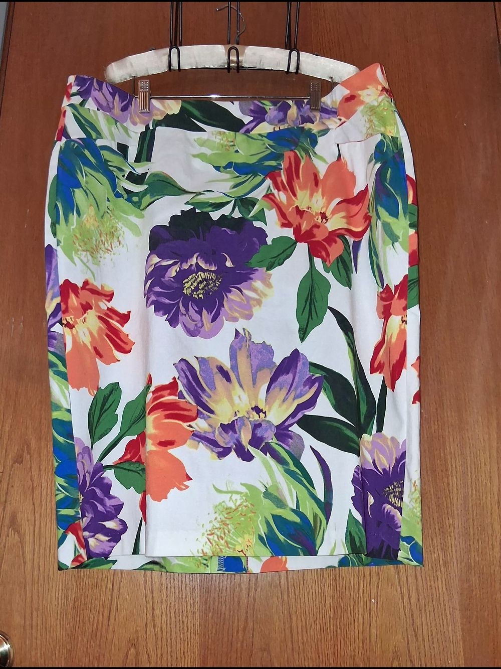 Ashley Stewart White Pencil Skirt with Purple, Orange and Green Floral Print